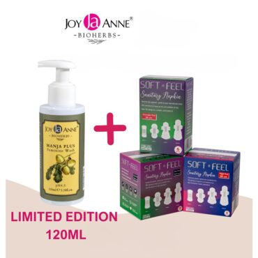 Soft A Feel Doctors Tested Hypoallergenic Dermatological Super Absorbent Sensitive Sanitary Napkins (1 Set Combo Set) +Manja Plus Feminine Wash Refreshing pH4.5 (120ml)